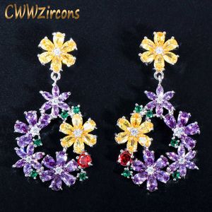 High end Women Costume Jewelry Blossoming Flower Yellow Purple Cubic Zirconia Crystal Big Long Luxury Earrings CZ320 210714
