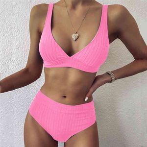 Yaz Beachwear 2021 SOILD BIKINIS Kadınlar Seksi Mayo Yüksek Bel Brezilyalı Bölünmüş Mayo Kadın Üçgen Biquinis Feminino X0522