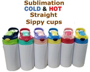 12oz Sublimation Straight Sippy Cup Barn Vattenflaska 350ml Blank Vit Bärbar Rostfritt Stål Vakuum Isolerad Drink Tumbler För Kids 6 Färger 4496