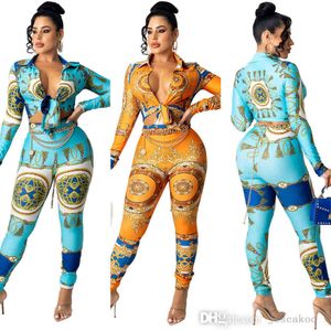 Designer Autumn Two Piece Pants Set Women Sexy Europe Printed V Neck Long Sleeve Shirts + Leggings Matching Sets Workout Outfits