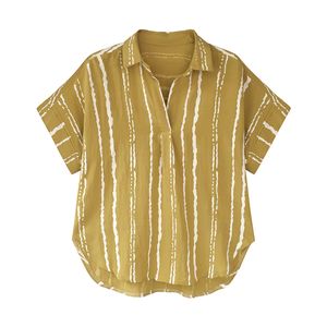 Chiffon Short Sleeve Pocket Striped Yellow Gray Turn Down Collar Blouse Shirt Women Female B0146 210514