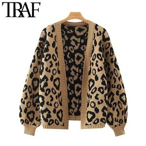 TRAF Women Fashion Leopard Mönster Lös Strikkad Cardigan Sweater Vintage Lantern Sleeve Kvinnor Ytterkläder Chic Toppar 211103