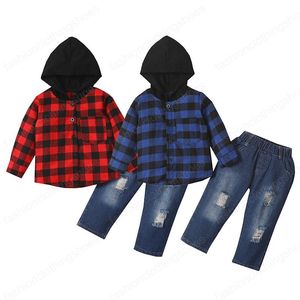 Çocuklar Giyim Setleri Erkek Kafes Kıyafetler Çocuk Kapşonlu Ekose Tops + Delik Denim Pantolon 2 adet / takım Bahar Sonbahar Moda Bebek Giysileri