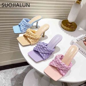 Suojialun 2021 Mode Märke Weave Women Slipper Nya Sommar Ladies Slides Square Open Toe High Heel Mules Slip på sandalskor C0407