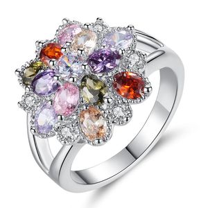 Trouwringen zirkoon ring mooie dame regenboog kristal bloem glamour mode single metalen sieraden kleurrijke partij geschenk