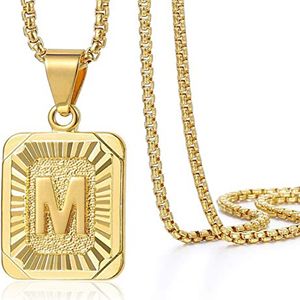 Square Pendant Necklace for Mens Stainless Steel Hip Hop Jewelry Men Double Sided Casting Gold Plated 26 Letter Pendants Wholesale