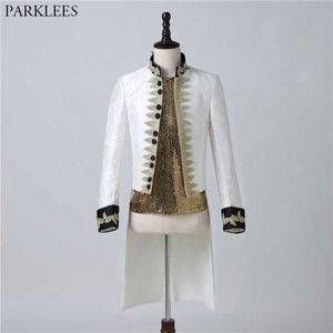 Gold Embroidery Gothic Victorian Tailcoat Jacket Men Medieval Cosplay Costume Male Pirate Viking Renaissance White Tuxedo Coats 210522