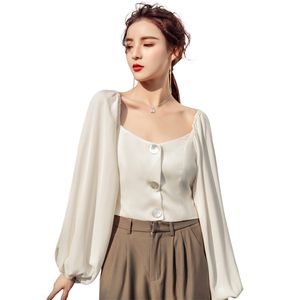 Short Tops Puff Sleeve Blouse Women OL Work Wear Square Collar Fashion Zipper Up Shirts Ladies Vintage Office Blusa Girls 210601