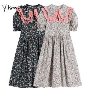 Yitimuceng Floral Print Dresses Women Summer Ruffles Peter Pan Collar High Waist Puff Sleeve Korean Fashion Midi Dress 210601