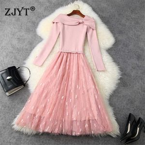 Elegant Designer Women Autumn Winter Knit Sweater Dress Bow Sweet Pink Mesh Patchwork Wedding Party Robe Femme Aline Vestidos 210601