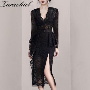 Elegant Ladies Party Ruffles Pencil Black Lace Dress Women Long Sleeve V-neck High Waist Split Sexy Dresses With Belt 210416