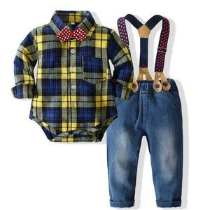 Bebé menino romper roupas para bebê menino cavalheiro roupas com bow toddler criança bodysuit + suspender jeans infantil menino roupas g1023