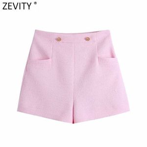 Zevity Women Fashion Button Decoration Pink Tweed Woolen Shorts Femme Streetwear CHIC Side Zipper Pantalone Cortos P1019 210603