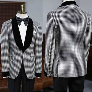 Houndstooth Men Suits with Black Pants 2 Piece Check Male Fashion Wedding Tuxedo Shawl Lapel Slim Fit Groomsmen Costume 2021 X0909