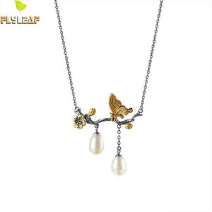 925 Sterling Silver Branch Butterfly Pearl Necklace Women Ethnic Style Handmade Lady Student Party Fine Jewelry Flyleaf