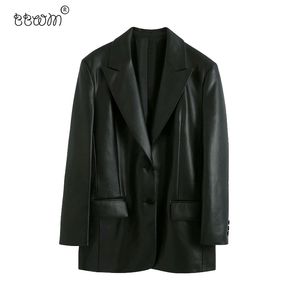 BBWM mulheres moda falso couro terno jaqueta vintage bolsos de manga longa volta vice-ventos casacos feminino chique outerwear 210520