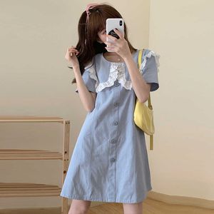 日本スタイルシックブルー半袖ピーターパンカラードレスミニドールシングルブレストシングルブレスト夏服甘いヴェスティッドカジュアルレトロ210610