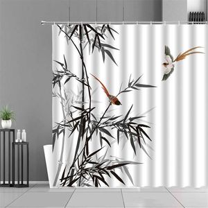 Ink Painting Bamboo Leaves Bird Shower Curtains Mountain Water Plant Landscape Waterproof Bathroom Curtain Chinese Home Decor 211116