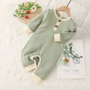 Baby Boy Jumpsuit Autumn Spring Casual Splicing Color Henley Neck Long Sleeves Knitted Rompers with Buttons for Toddlers Y0825