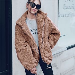 Faux pele casaco mulheres outono inverno espesso quente quente macio jaqueta feminina bolso zíper sobretudo urso casaco de peluche 3xl
