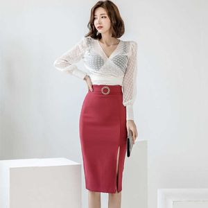 Office Lady 2 Pieces Set Slim Women Lace-Up White Shirts Blouses And High Waist Sheath Pencil Bodycon Skirts Suit 210529