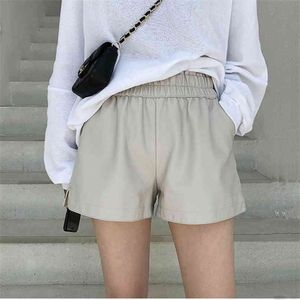 Khaki pu läder shorts kvinnor högkvalitativt brett ben faux midja för höst lös 210719