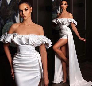 Robe De Soiree Perle Prom Dresses Off The Shoulder High Side Split Perline Mermaid Formal Dubai Middle East Evening Party Gown 2021 Celebrity Dress