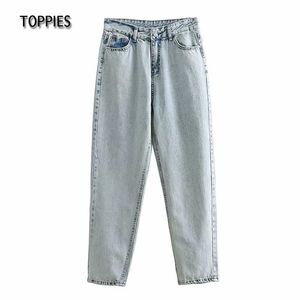 Toppies Vintage Jeans Frau Weiß Denim Hose Hohe Taille Hose Reißverschluss Streetwear Fashion 210412