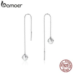 Bamoer Gae373 Äkta 925 Silver String Lång Tassle Ren Pärla Blomma Asymmetriska Kvinnor Dangle Örhängen Smycken