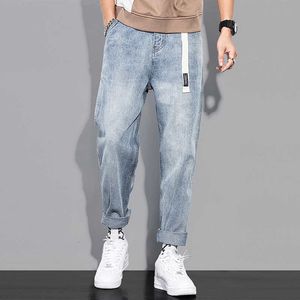 Koreanska stil mode män jeans retro ljusblå lös passform avslappnad denim harem byxor högkvalitativa streetwear vida benbyxor