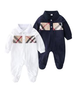 Söt Baby Boys Girls Rompers Spring Autumn Infant Långärmad Jumpsuits Now Collar Toddler Plaid Bomull Onesies Barnkläder