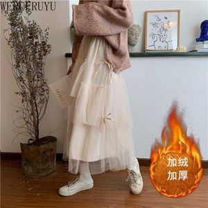 WERUERUYU Autumn Winter High Waisted Female Plus cashmere Skirt Pleated Skirts Mesh skirt cupcake skirt 210608