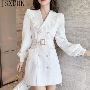 Casual Dresses Temperament OL KORT VIT TWEED DRESS 2021 Höst Lace Trim Notched Double Breasted Lantern Sleeve Blazer Women