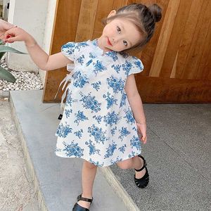 Girl Chinese Style Dress Summer 1-6Year Baby Toddler Kids Retro Flower Butterfly Silk Cheongsam Dress Children Clothes Q0716