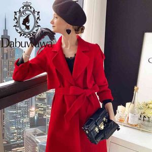 Dabuwawa Elegant Turn-down Collar Belt Trench Wool Coat Women Autumn Solid Pocket Front Office Lady Long Outerwear DT1DLN016 210520