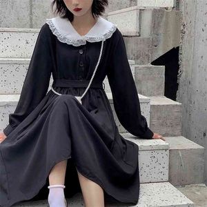 QWEEK Autumn Gothic Lolita Kawaii Dress Women Peter Pan Collar Long Sleeve Black Midi Dress Lace-up Mall Goth Japanese Harajuku 210915