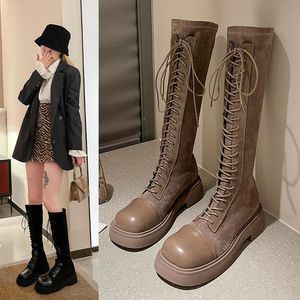 Stivali Scarpe Lady Lace Up Boots-Donne Sexy Tacchi Alti Punta Rotonda 2021 Gomma Autunno Over-the-Knee Med Western