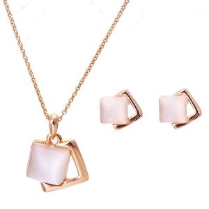 Rose Gold Color Opal Necklace Earring Jewelry Set Rigant Vintage Geometry For Women Square Gift Wholesale Drop Earrings &