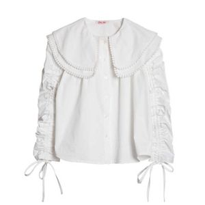 Być może u Kobiety Biała koszula Peter Pan Collar Ruched Sznurek Solidna koszulka Bluzka z długim rękawem B0781 210529
