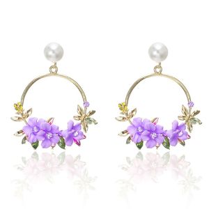 Korean Style Flower Drop Hoop Earrings for Women Fashion Circle Round Earring Female Jewelry Simulated Pearl Dangle Brincos