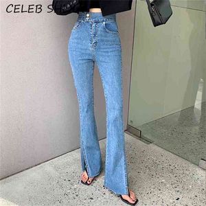 Jeans bootleg divisi alla moda per donna Pantaloni in denim coreano elastici a vita alta Pantaloni larghi femminili slim fondo blu 210708