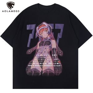 Aolamegs Men's Tee Shirts Sexy Manga Girls Kanji Print Anime Summer Baggy College Style Tops Fashion Otaku Streetwear 210706