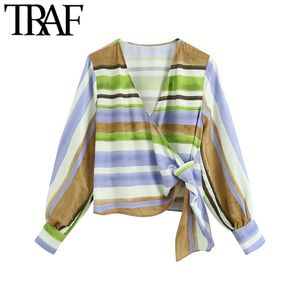 TRAF女性のファッションクロスオーバーストライプラップクロップされたブラウスヴィンテージ長袖サイドの弓縛ら女性シャツシックなトップス210415