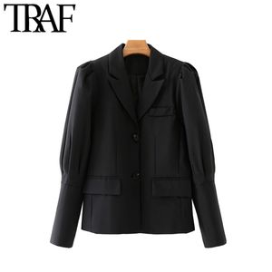 TRAF女性のファッションシングルボタンブレザーコートビンテージgigotスリーブポケット女性のアウターシックトップ210415