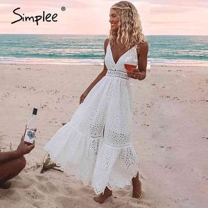 Simple v neck sexy lace summer women Strap button casual white female Streetwear backless midi dress vestidos 210414