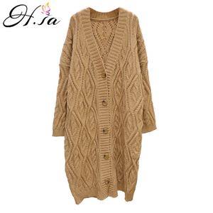 H.SA MAXI MAXI CARTIGANS V Pescoço Botão Up Knitwear Long Camisola Casaco Torcido Cashmere Quente Jaqueta Oversized 210417