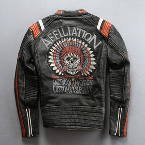 Mens Locomotive Leather Jacket Affiliation Brodery Classic Indian Skull Stand Collar American Motor Custom Spirit