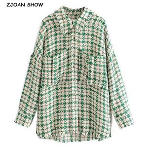 Stylish Green Check Plaid Woolen Shirt Jackets Warm Women Fashion Pockets Turn-down Collar Cute Girls Oversize Coat Streetwear 210429