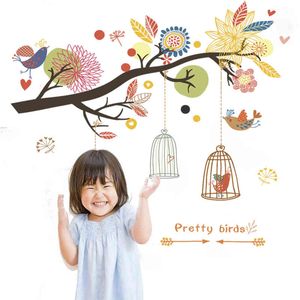 pretty flowers birdcage tree branches wall stickers bedroom home decor cartoon wall decals diy mural art pvc poster decoration 210420