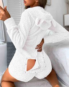 Yeni Yıl Kış Kadınlar Seksi Bulanık Ayı Fermuar Ön Kapşonlu Romper Kadın Uzun Kollu Kıyafeti Tulum Pijama Setleri 210415